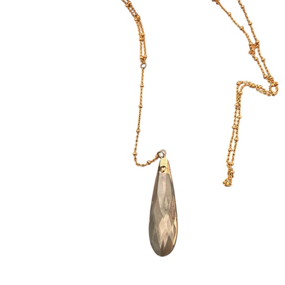 EXQUISITE Elongated Brown Topaz Teardrop Crystal Pendant 32" Chain Long Necklace - Picture 3 of 4